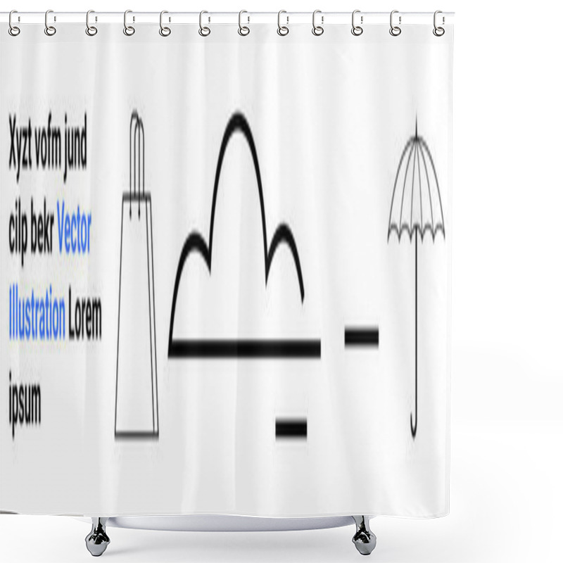 Personality  Shopping Bag, Cloud, And Umbrella Outlined In Black Lines, Alongside Scattered Text. Ideal For Minimalist Design, Ecommerce, Weather Apps, Graphic Design, Presentations Branding And Marketing Shower Curtains