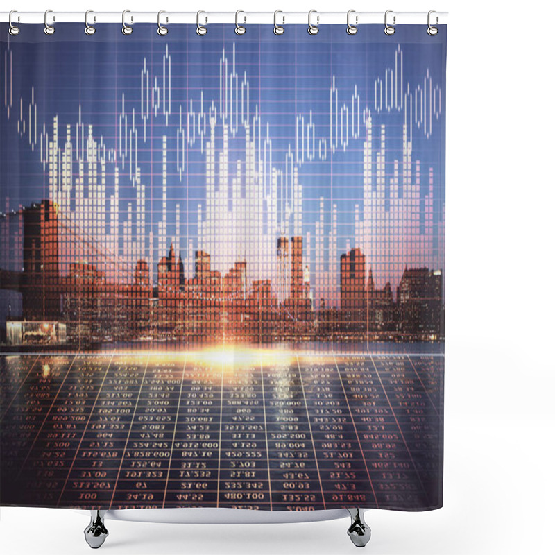 Personality  Financial Graph On Night City Scape With Tall Buildings Background Double Exposure. Analysis Concept. Shower Curtains