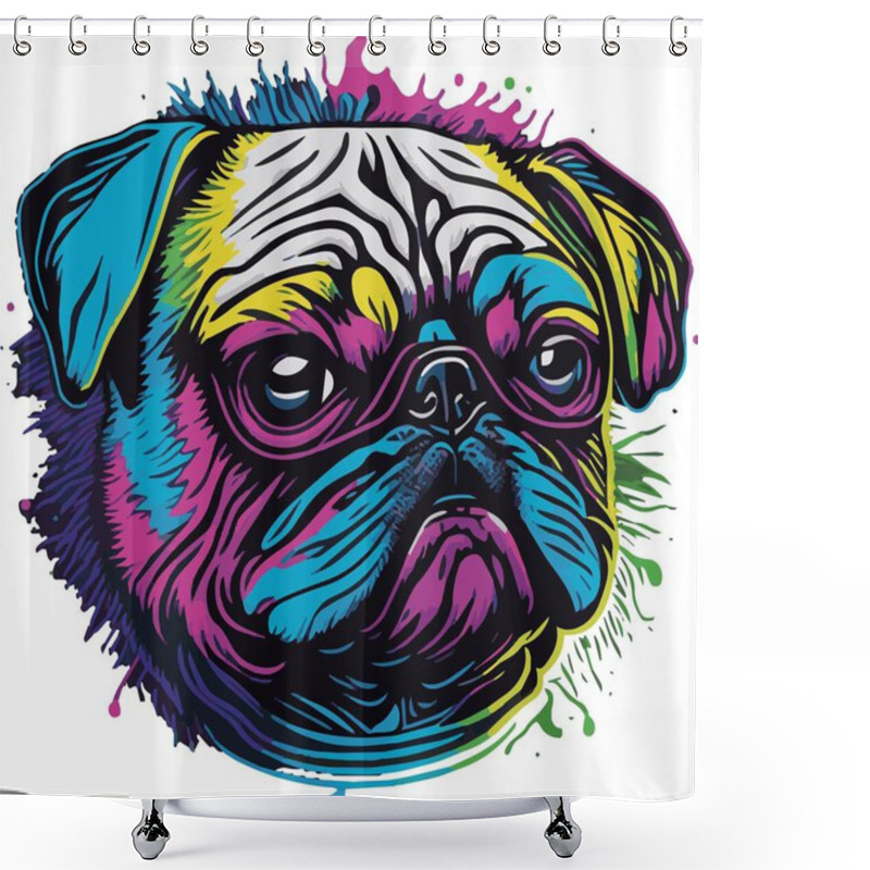 Personality  Pug Dog In Vibrant Neon Brush Strokes. Vector Illustration For Tshirt, Hoodie, Website, Print, Application, Logo, Clip Art, Poster And Print On Demand Merchandise. Shower Curtains