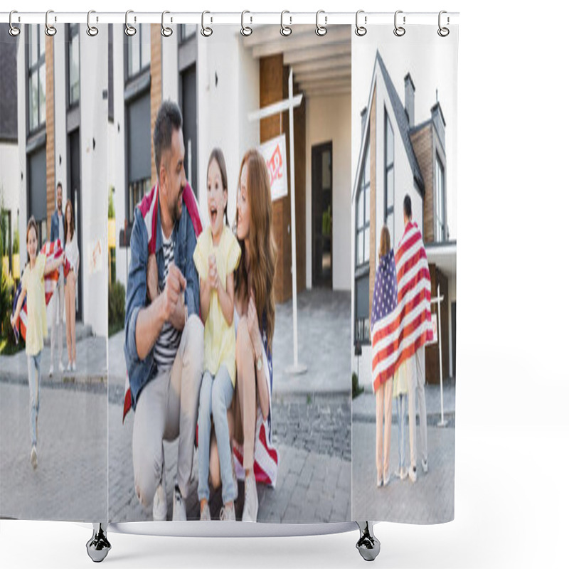 Personality  Collage Of Daughter With Open Mouth Sitting Near Father With Keys, Standing With Parents Covered With American Flag And Running Forward, Banner Shower Curtains