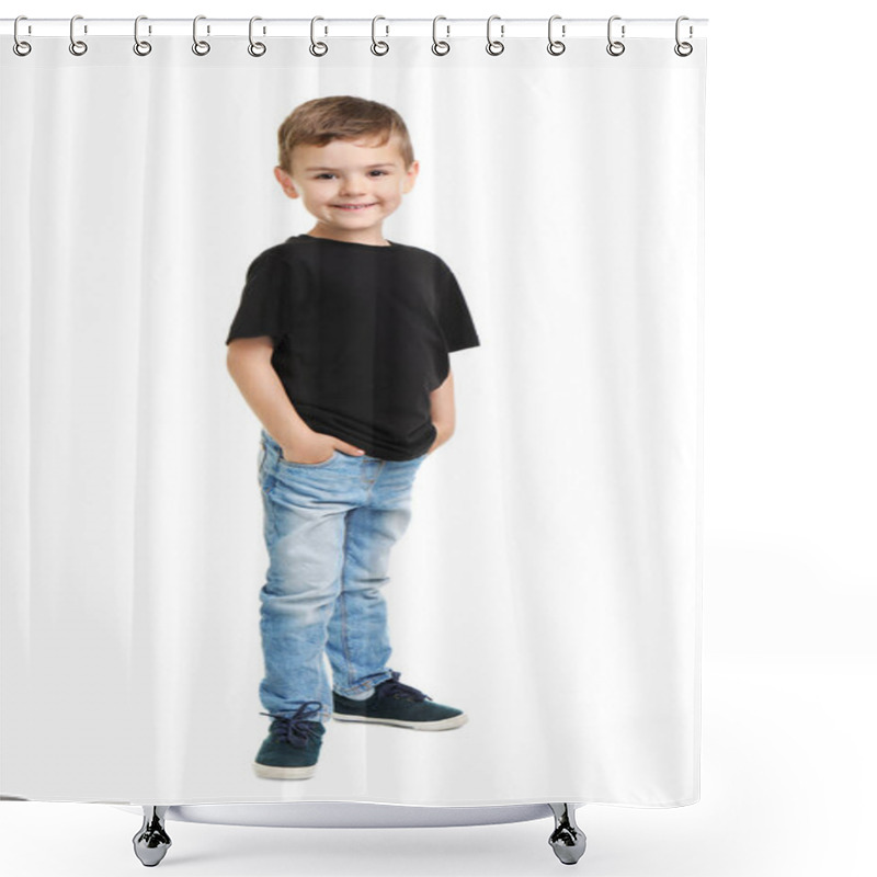 Personality  Little Boy In T-shirt On White Background. Mockup For Design Shower Curtains