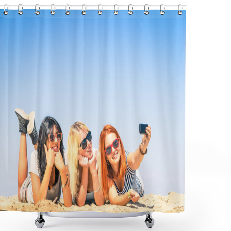 Personality  Group Of Girlfriends Taking A Selfie At The Beach - Concept Of Friendship And Fun In The Summer With New Trends And Technology - Best Friends Enjoying The Moment With Modern Smartphone Shower Curtains