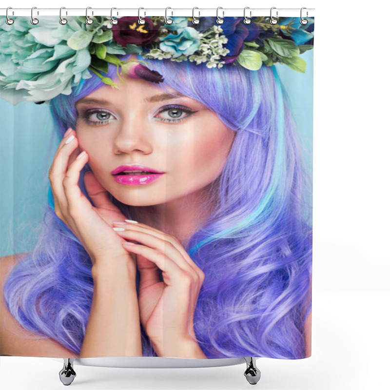 Personality  Close-up Portrait Of Attractive Young Woman With Curly Blue Hair And Floral Wreath Isolated On Blue Shower Curtains