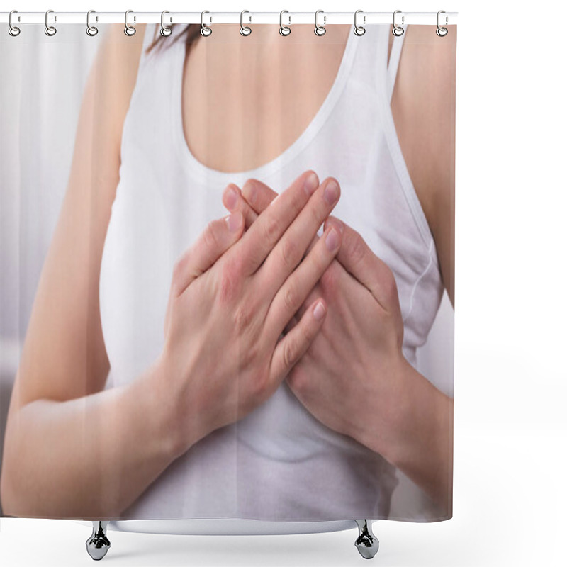 Personality  Close-up Of A Woman's Hand On Breast Suffering From Pain Shower Curtains