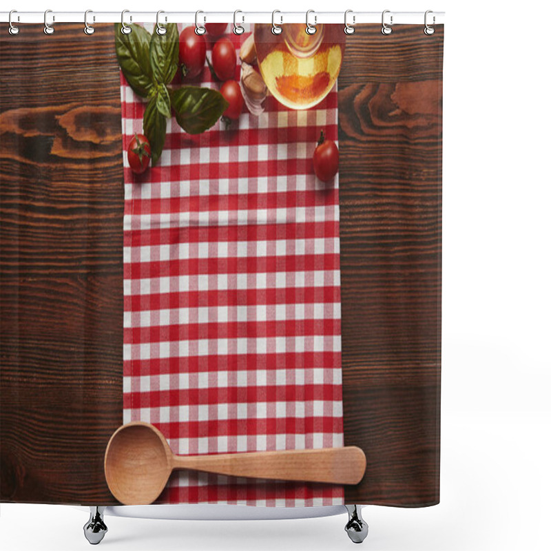 Personality  Top View Of Checkered Tablecloth, Wooden Spoon And Fresh Basil With Tomatoes And Oil On Wooden Surface Shower Curtains