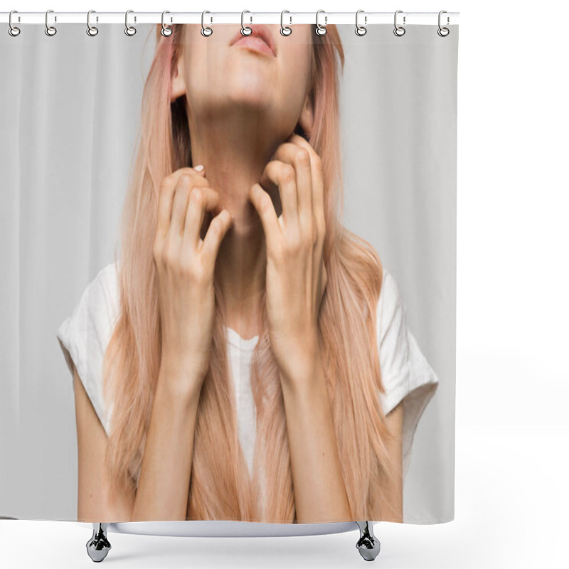 Personality  Isolated Studio Portrait Of Young Beautiful Woman In White T-shirt Scratching Neck With Both Hands/irritation, Sensitive Skin, Allergy Symptoms, Rhinitis, Cold, Itch, Healthcare And Medicine Concept. Shower Curtains