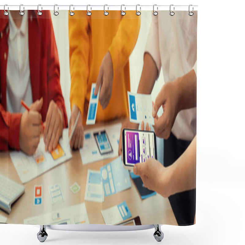 Personality  Panorama Banner Of Startup UX Developer Or Company Employee Design User Interface Or UI Prototype For Mobile Application Or Website Software With Software Display On Smartphone In Office. Synergic Shower Curtains