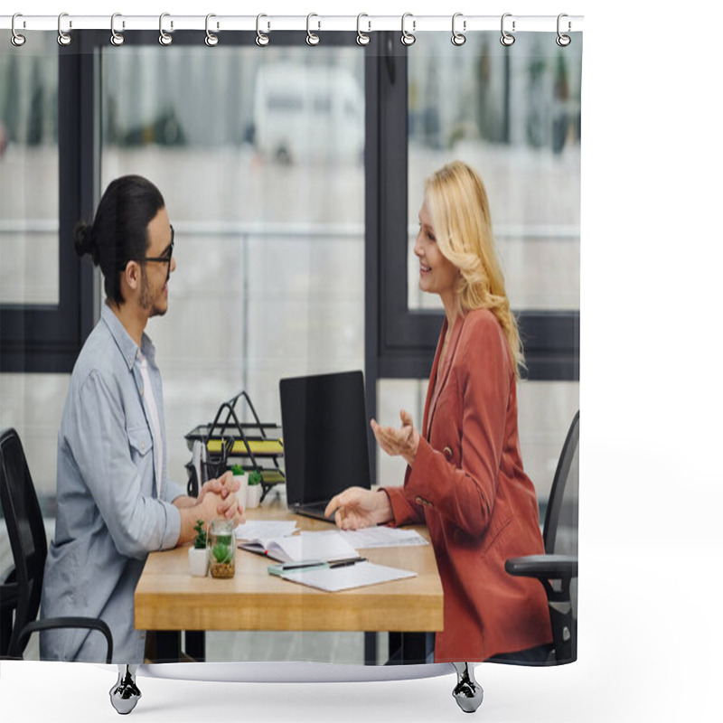 Personality  A Man And Woman Engaged In A Conversation At A Table In The Office. Shower Curtains