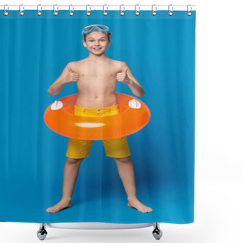 Personality  Cute Boy In Diving Mask And Inflatable Ring Showing Thumbs Up Gesture Shower Curtains