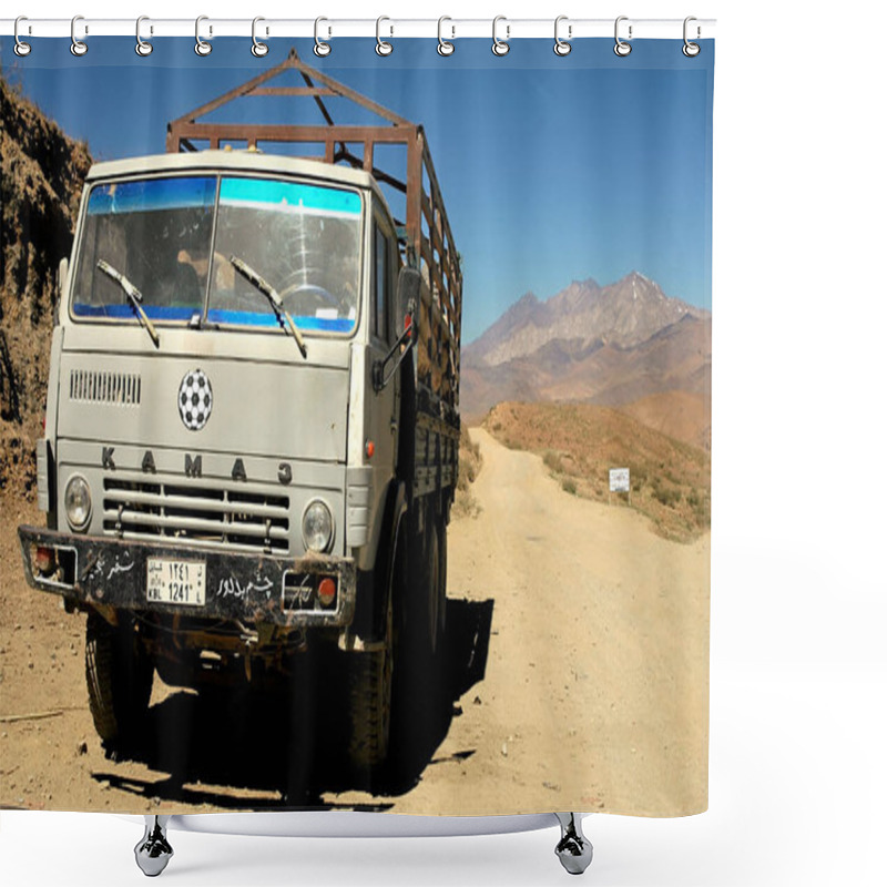 Personality  Road Between Kabul And Bamyan (Bamiyan) In Afghanistan. A Kamaz Truck On A Dusty Road, The Southern Route From Kabul To Bamyan (Bamiyan). Kamaz Truck, Dirt Road, Transport, Central Afghanistan. Shower Curtains