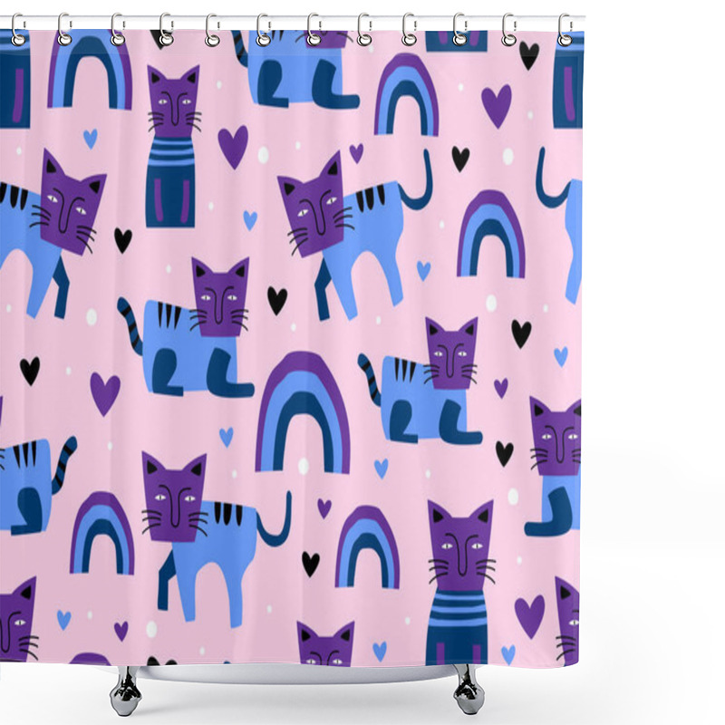 Personality  Cats Seamless Pattern, Childish Drawing Scandinavian Style. Cute Character Funny Poses. Blue And Pink Colorful Background For Baby And Kids Fashion Textile Print. Shower Curtains