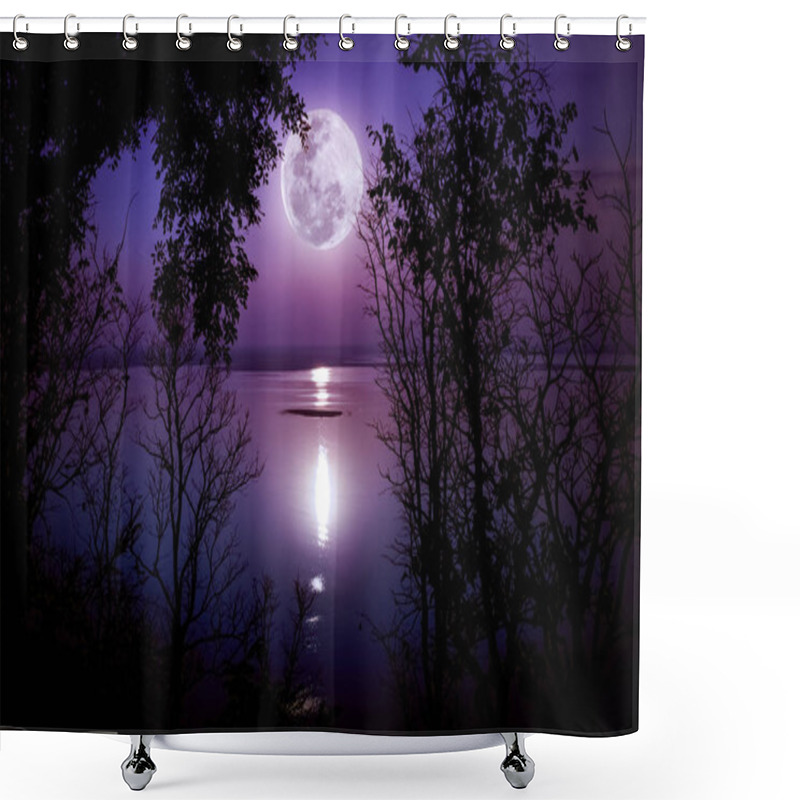 Personality  Silhouettes Of Woods And Beautiful Moonrise, Bright Full Moon Wo Shower Curtains