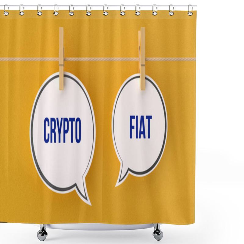 Personality  Crypto And Fiat Text Message.Speech Bubbles Attached To A String With Clothespins. Yellow Background Shower Curtains