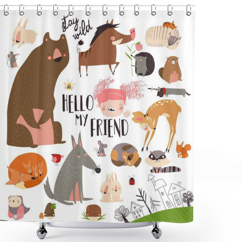 Personality  Set Of Cute Wild Animals In The Forest On White Background Shower Curtains