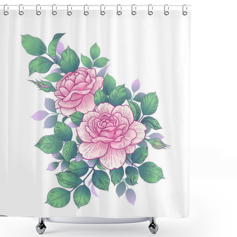 Personality  Hand Drawn Pink Rose Flower, Buds And Leaves Bunch Isolated On White. Vector Line Art Elegant Floral Composition In Vintage Style, T-shirt, Tattoo Design, Wedding Decoration. Shower Curtains