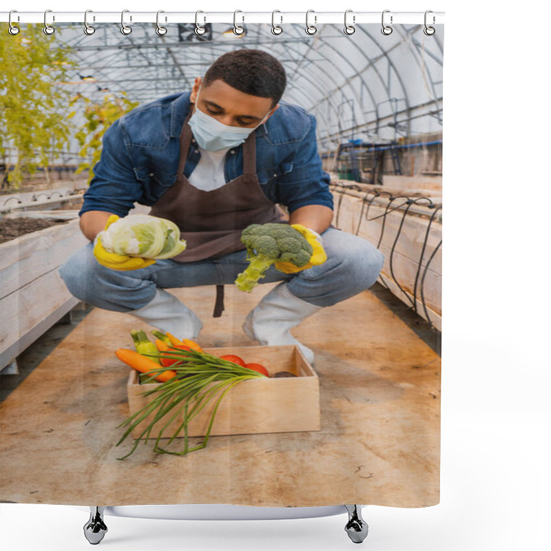 Personality  African American Farmer In Medical Mask And Gloves Holding Broccoli And Cabbage Near Vegetables In Greenhouse  Shower Curtains