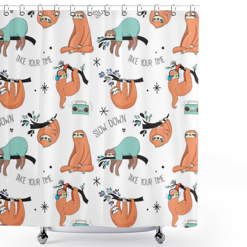 Personality  Cute Hand Drawn Sloths Illustrations, Seamless Pattern Shower Curtains