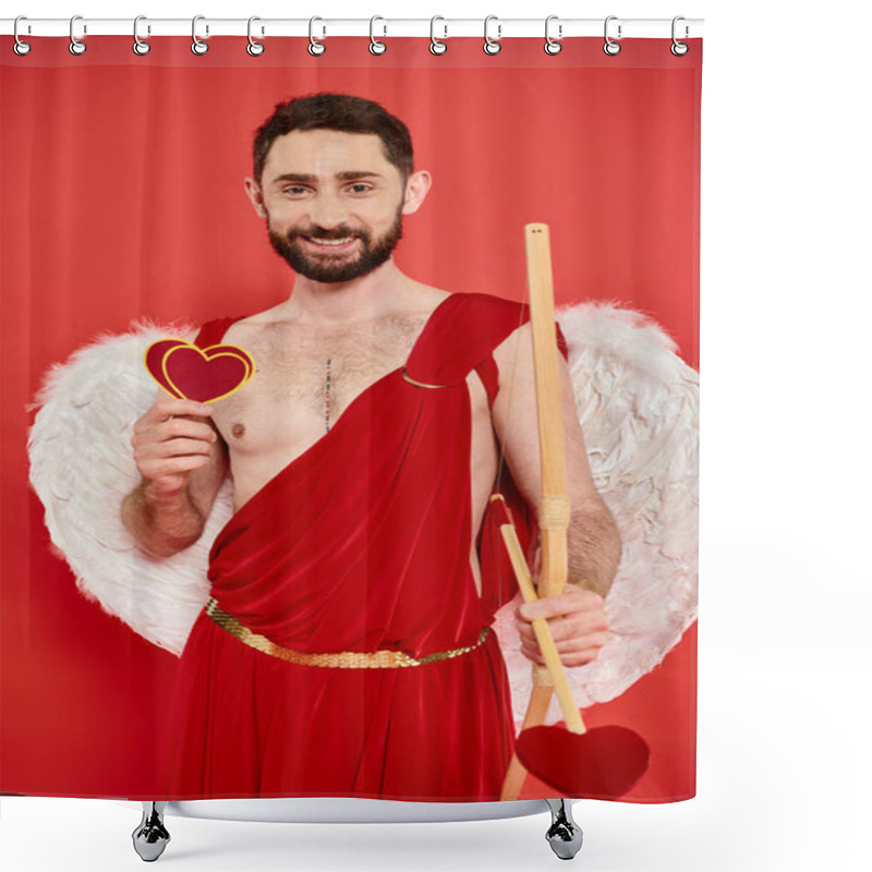 Personality  Happy Bearded Man In Cupid Costume With Paper Hearts And Bow With Arrow On Red, St Valentines Day Shower Curtains