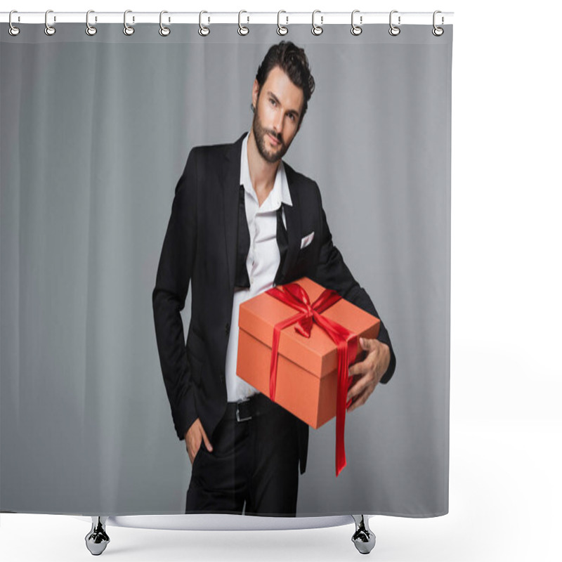 Personality  Bearded Man In Suit Posing With Red Gift Box And Standing With Hand In Pocket Isolated On Grey  Shower Curtains