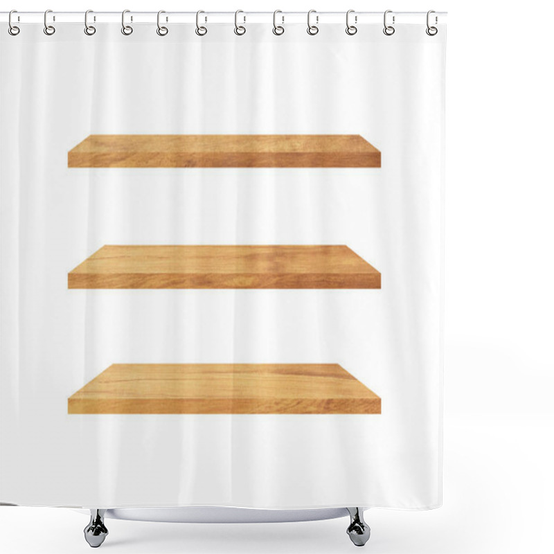 Personality  Set Of  Wood Shelves Isolated On White Background With Clipping Path For Design. Used For Display Or Montage Your Products Shower Curtains