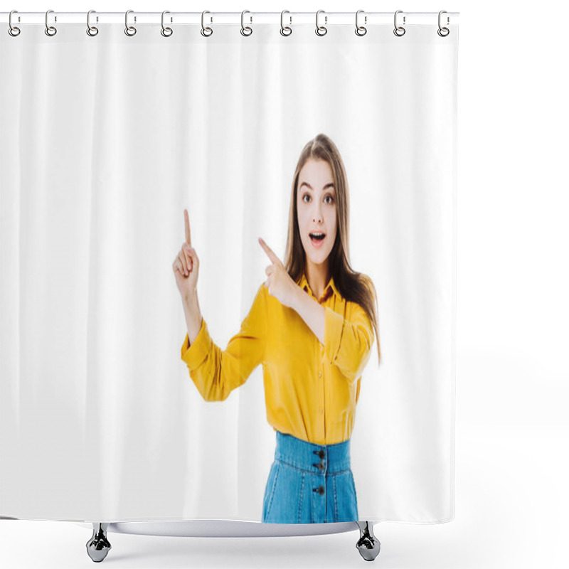 Personality  Surprised Attractive Girl Pointing With Fingers Isolated On White Shower Curtains