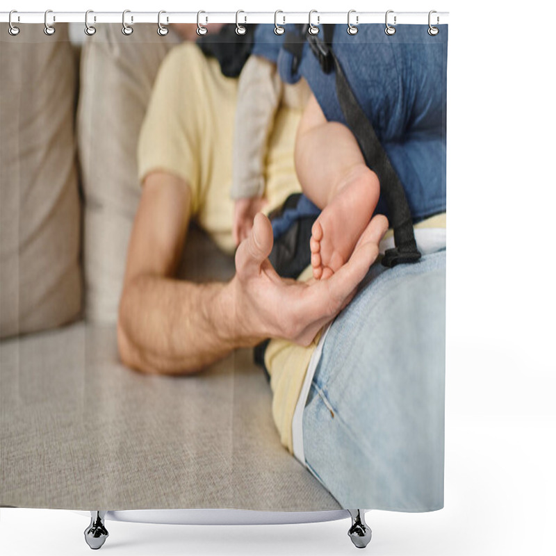 Personality  Close-up Photo Of Father Holding Feet Of His Baby Boy While Sitting On Sofa, Fatherhood And Love Shower Curtains