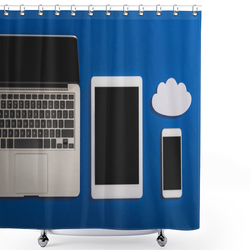 Personality  Top View Of Empty White Paper Cloud Near Laptop, Smartphone And Digital Tablet With Blank Screen Isolated On Blue Shower Curtains