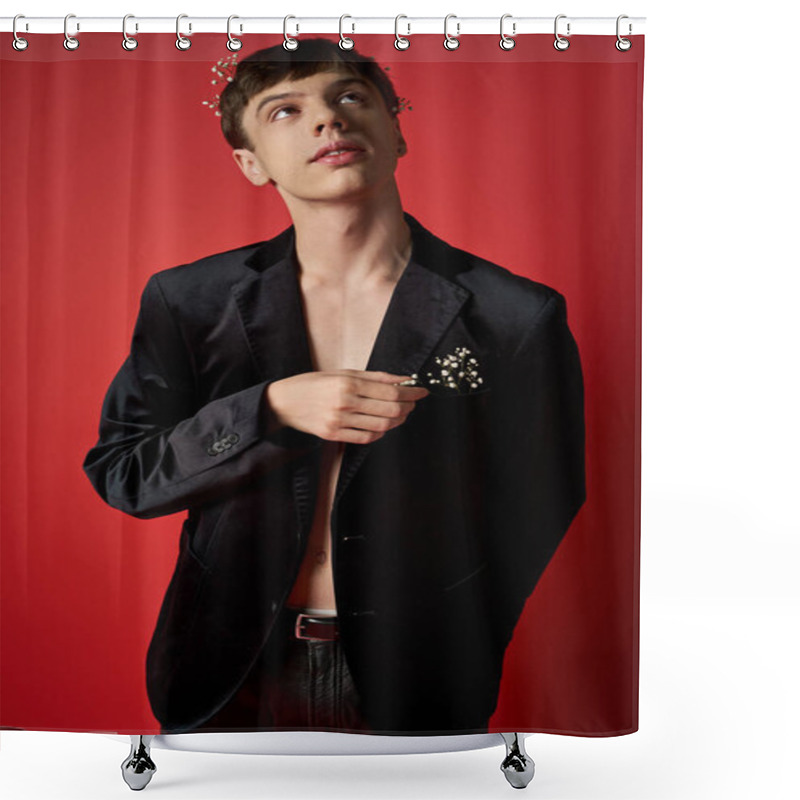 Personality  Dreamy Man In Velvet Blazer With Flowers In Hair And Pocket Of Velvet Blazer Looking Up On Red Shower Curtains