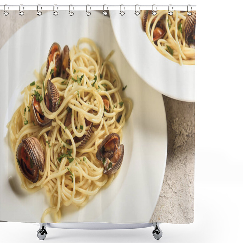 Personality  Close Up View Of Tasty Pasta With Seafood Served In Two White Plates Shower Curtains