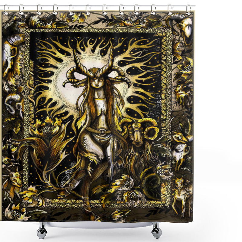 Personality  Magic Creature, Fabulous, Mysterious Capricorn With Large Curved Horns, Long Beautiful Tail And Scales, Fins And Hooves In Around Vegetation, Flowers, Goats, Goat Skulls And Big Sun Behind Her Head. Shower Curtains