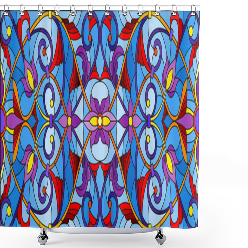 Personality  Illustration In Stained Glass Style With Abstract  Swirls,flowers And Leaves  On A Blue Background,horizontal Orientation Shower Curtains