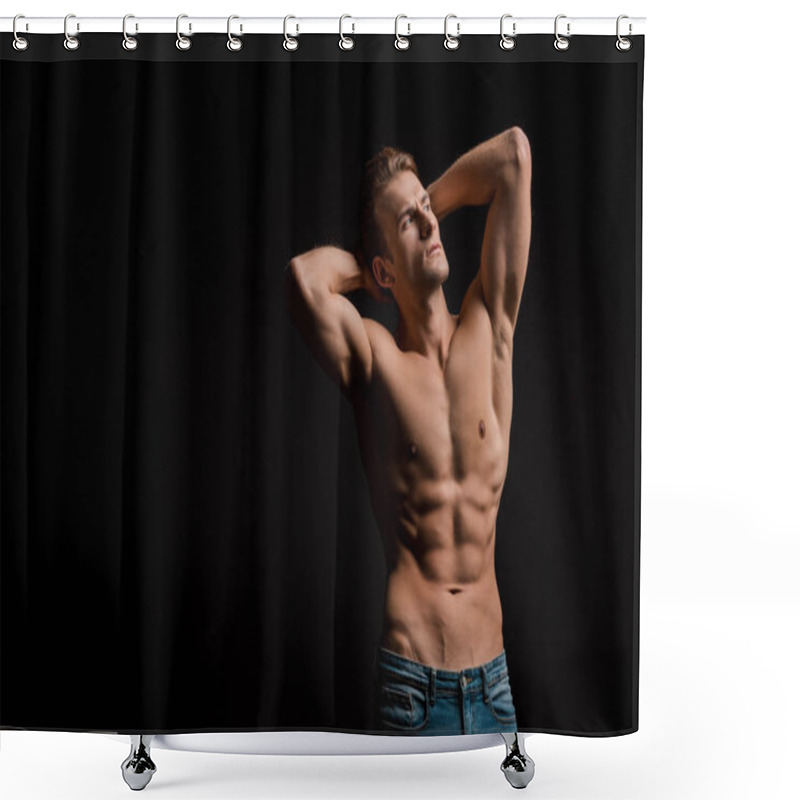 Personality  Muscular Shirtless Man Posing Isolated On Black Shower Curtains