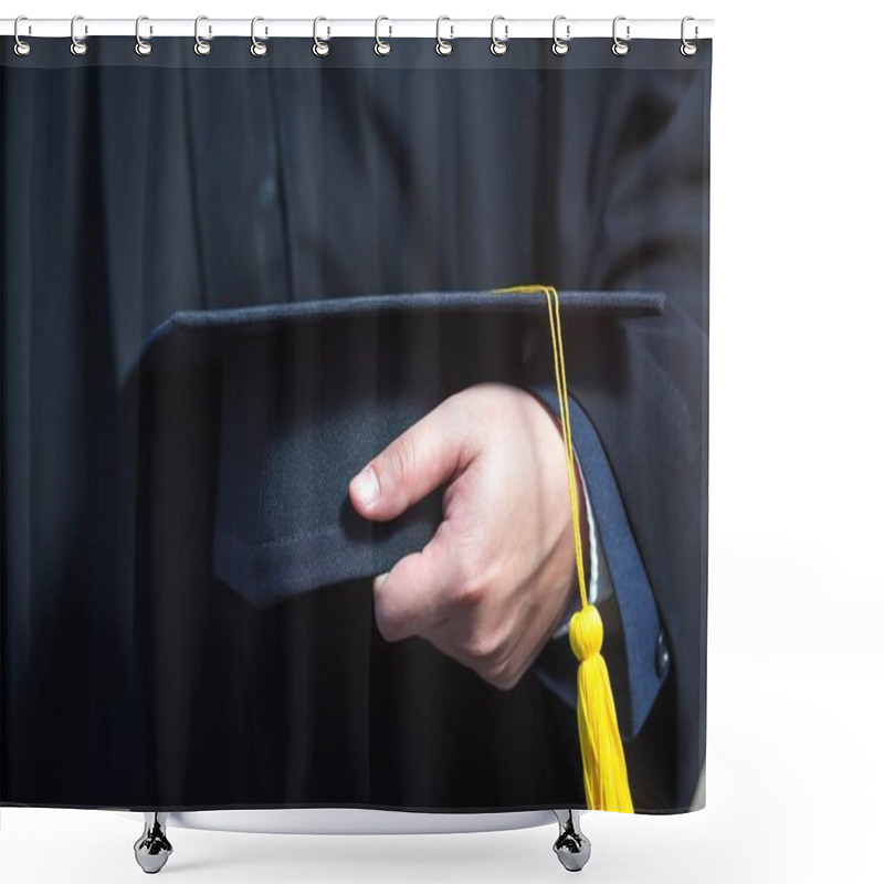 Personality  Close Up Of Graduation Cap With Yellow Tassel In Hand. Shower Curtains