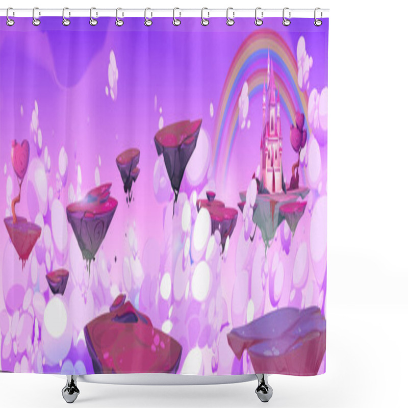 Personality  Purple Fantasy Sky With Floating Island And Magic Castle Cartoon Illustration. Fairytale Mobile Rpg Game Vector Background With Medieval Princess Mansion With Rainbow Landscape On Flying Platform Shower Curtains