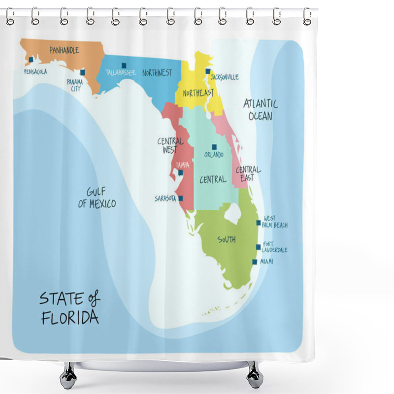 Personality  Hand Drawn Map Of The State Of Florida With Regions Counties And Main Cities. Colorful Sketch Style Shower Curtains