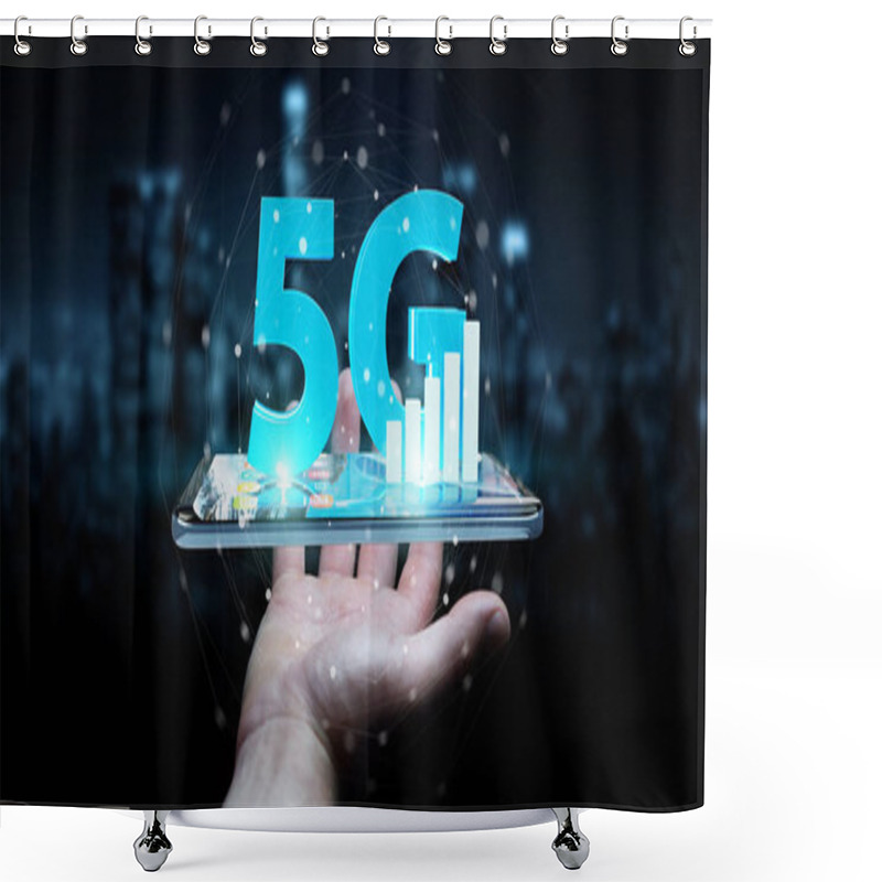 Personality  Businessman On Blurred Background Using 5G Network With Mobile Phone 3D Rendering Shower Curtains