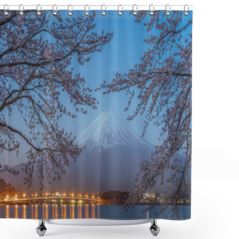 Personality  Night View Of Sakura Cherry Blossom And Mt. Fuji At Kawaguchiko Lake , Japan  In Spring Season Shower Curtains