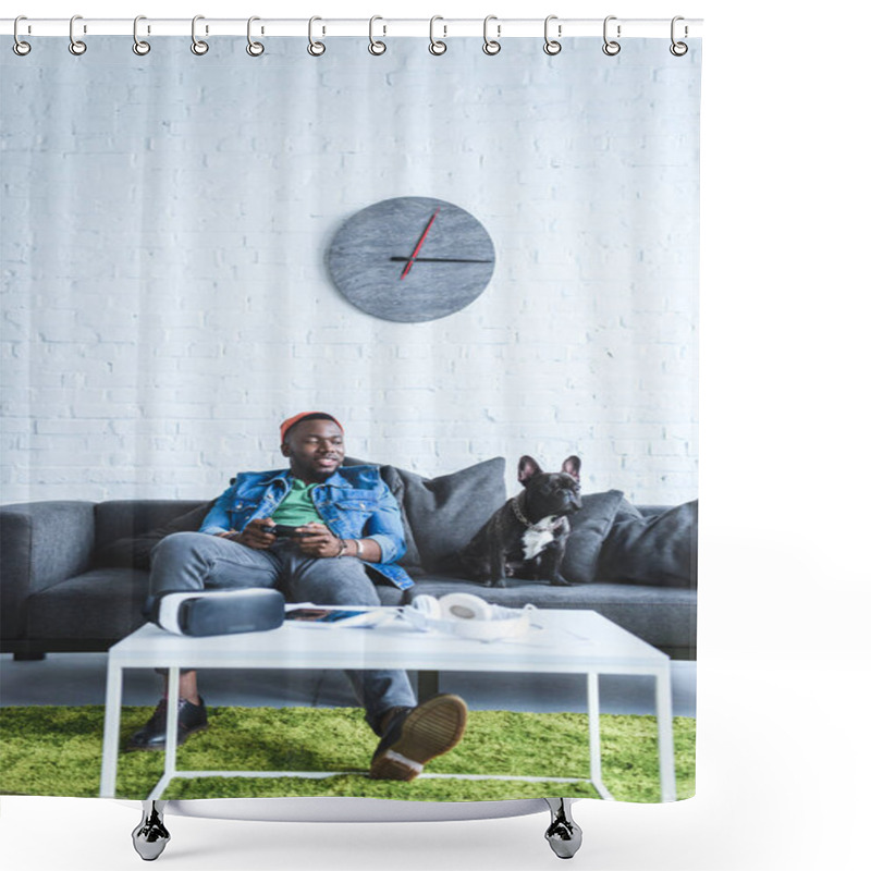 Personality  Young Man Holding Joystick While Sitting On Sofa With Bulldog And Digital Gadgets On Table Shower Curtains