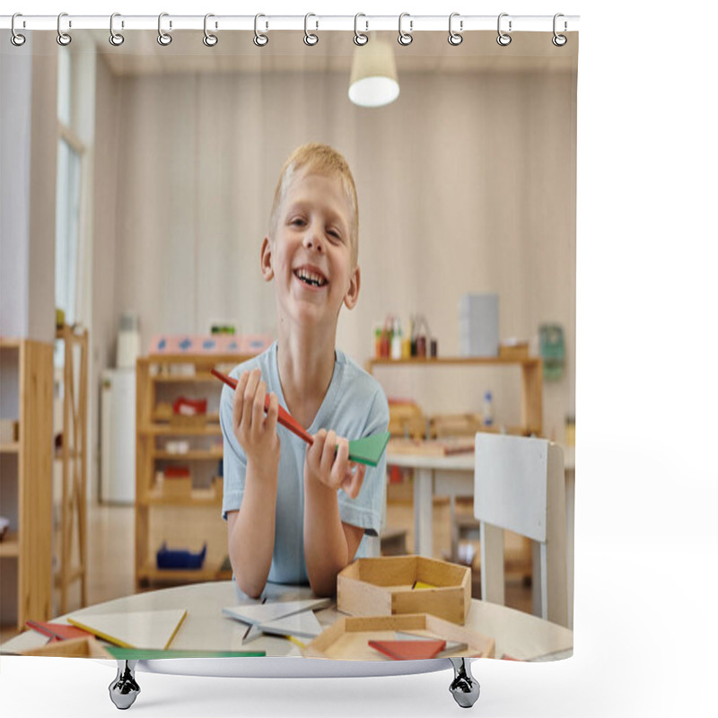 Personality  Cheerful Boy Holding Wooden Part Of Game And Looking At Camera In Class In Montessori School Shower Curtains