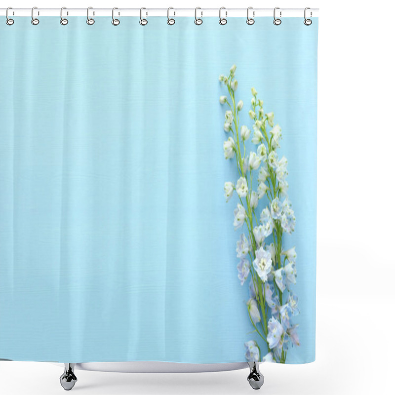 Personality  Spring Bouquet Of Blue Flowers Over Blue Wooden Background. Top View, Flat Lay Shower Curtains