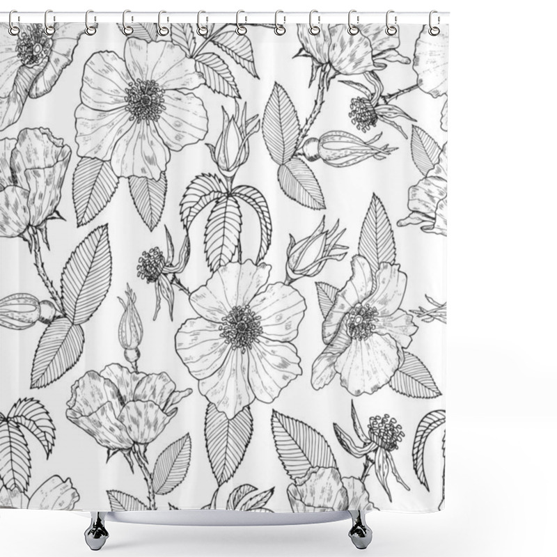 Personality  Seamless Pattern With Outline Wild Roses On The White Background. Endless Black End White Texture. Shower Curtains