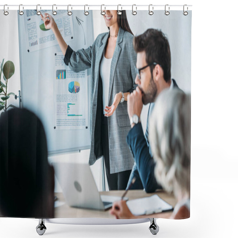 Personality  Cropped Image Of Smiling Businesswoman Pointing On Flipchart During Meeting In Office Shower Curtains