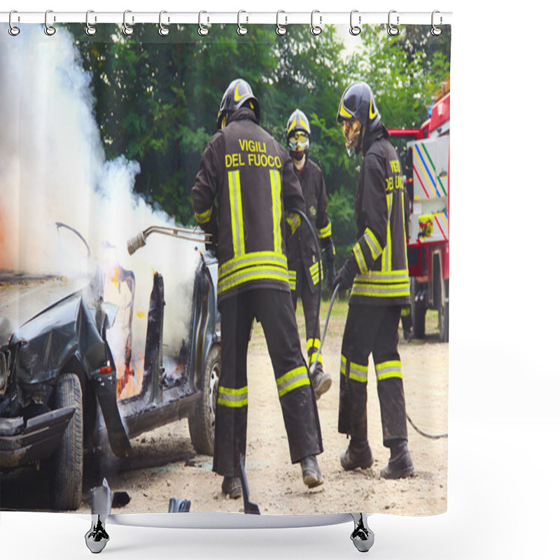 Personality  Firefighters Extinguishing Car On Fire. Shower Curtains