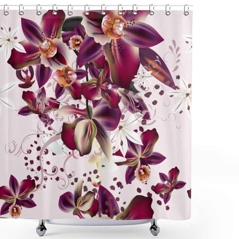 Personality  Vector Illustration On A Tropical Theme Palm Leafs And Orchids Shower Curtains