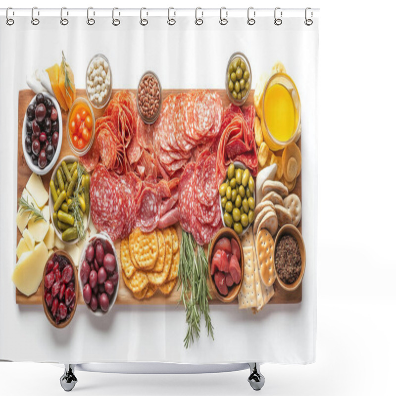 Personality  A Large Charcuterie Board Filled With An Assortment Of Meats, Cheeses, Fruits, And Nuts, Ideal For A Festive Gathering. Shower Curtains