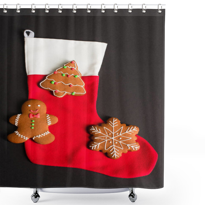 Personality  Top View Of Different Shapes Gingerbread Cookies On Red Christmas Stocking Isolated On Black  Shower Curtains