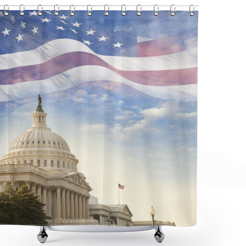 Personality  United States Capitol Building With American Flag Superimposed O Shower Curtains