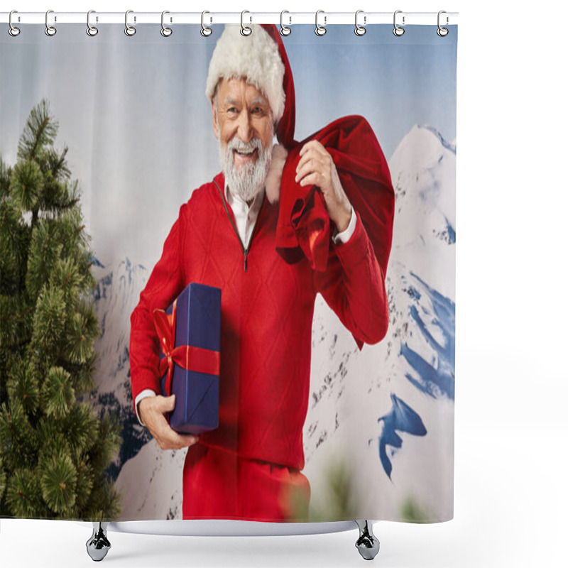 Personality  Cheerful Man In Santa Costume Holding Present Bag And Big Gift Looking At Camera, Winter Concept Shower Curtains