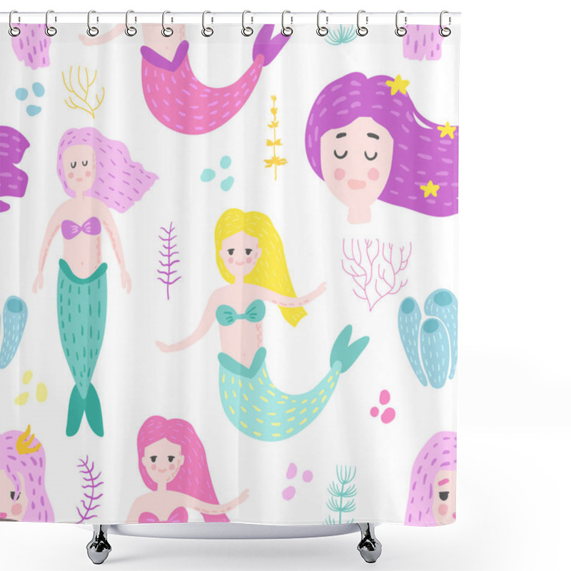 Personality  Mermaids Seamless Pattern In Childish Style. Kids Background With Cute Marine Girls And Abstract Elements For Fabric Textile, Wallpaper, Decoration. Vector Illustration Shower Curtains