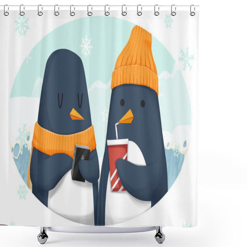 Personality  Funky Penguin Brothers With Mobile Phone And Drinks. Realistic Fantastic Cartoon Style Artwork Scene, Wallpaper, Story Background, Card Design Shower Curtains